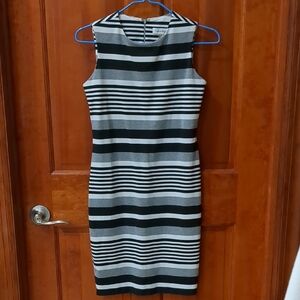 Calvin Klein Black and White Striped Knee-Length Sleeveless Sheath Dress